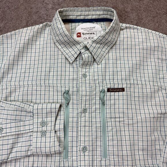 Simms Shirt Men M Blue Check Performance Fishing Nylon Insect Repellent - Picture 1 of 16